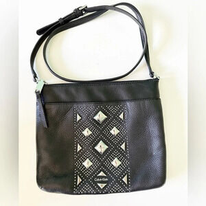 Calvin Klein Studded Black Leather Purse Pebbled Crossbody Zipper Festival